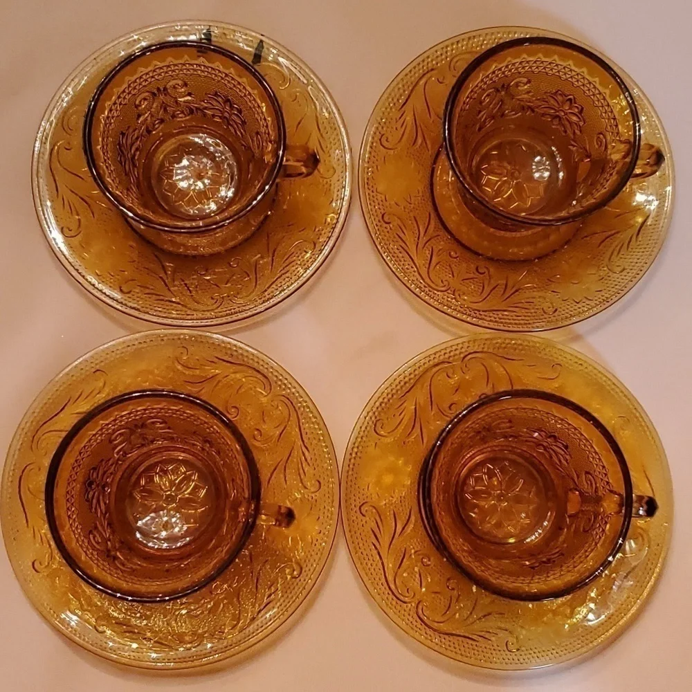 Vintage Tiara Crystal Cup & Saucer Set of 4 Sandwich Pattern Amber Indiana Glass - Picture 3 of 13